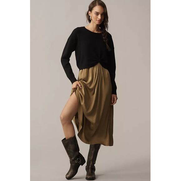 Anthropologie Dresses & Skirts - NEW Anthropologie Gemini Twofer Sweater Dress Set Green Midi Black Women's L